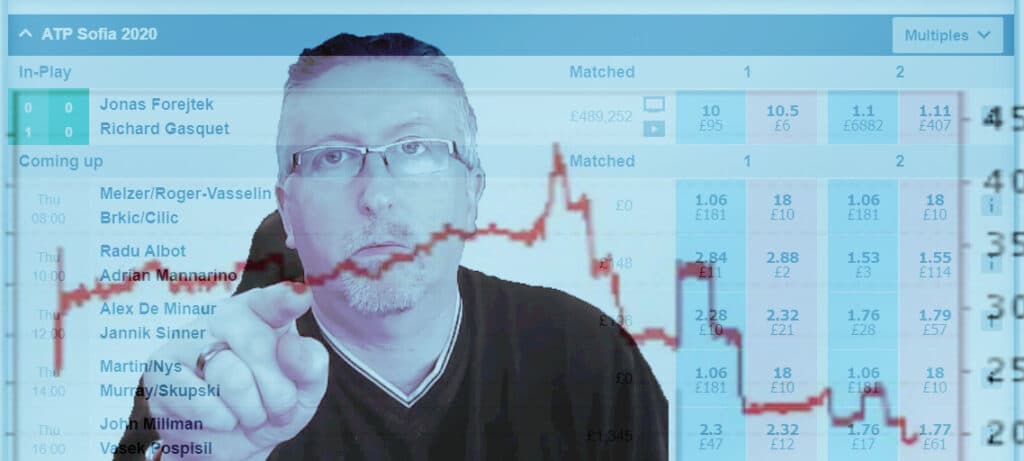 Low risk tennis trading. Image shows a trader pointing at a price graph